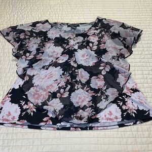 ADELE & MAY Floral Black and Pink Women's Top SIZE L. Ruffle